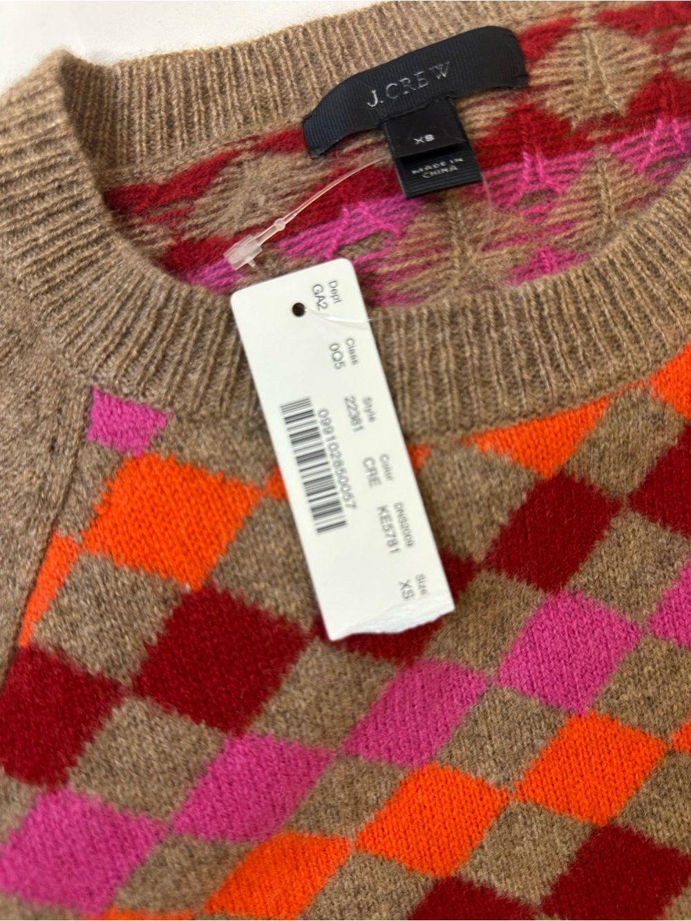 J. Crew Brown Argyle Crewneck Sweater with Pink & Orange Accents - Picture 5 of 6